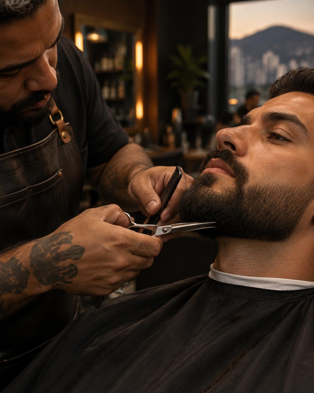Barba sendo aparada por profissional
